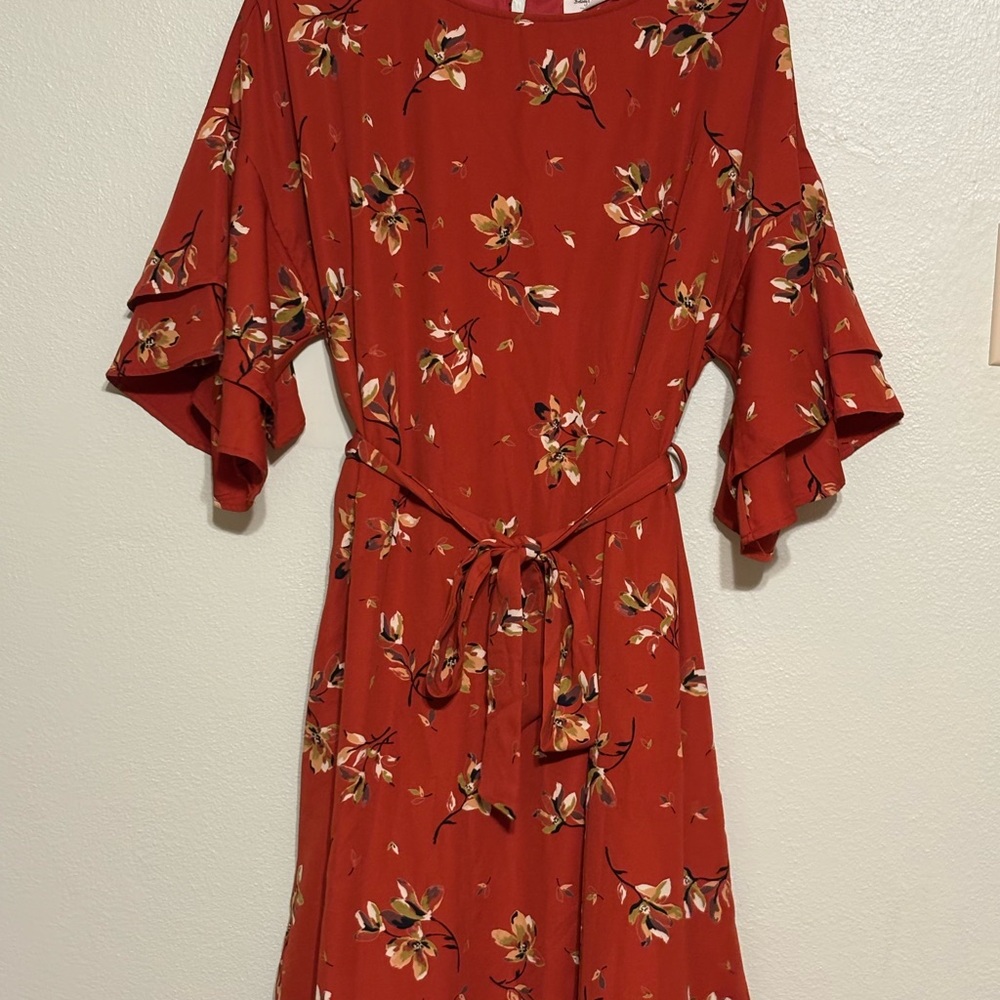 Red Ruffled Wrap Midi Dress with Tie Front